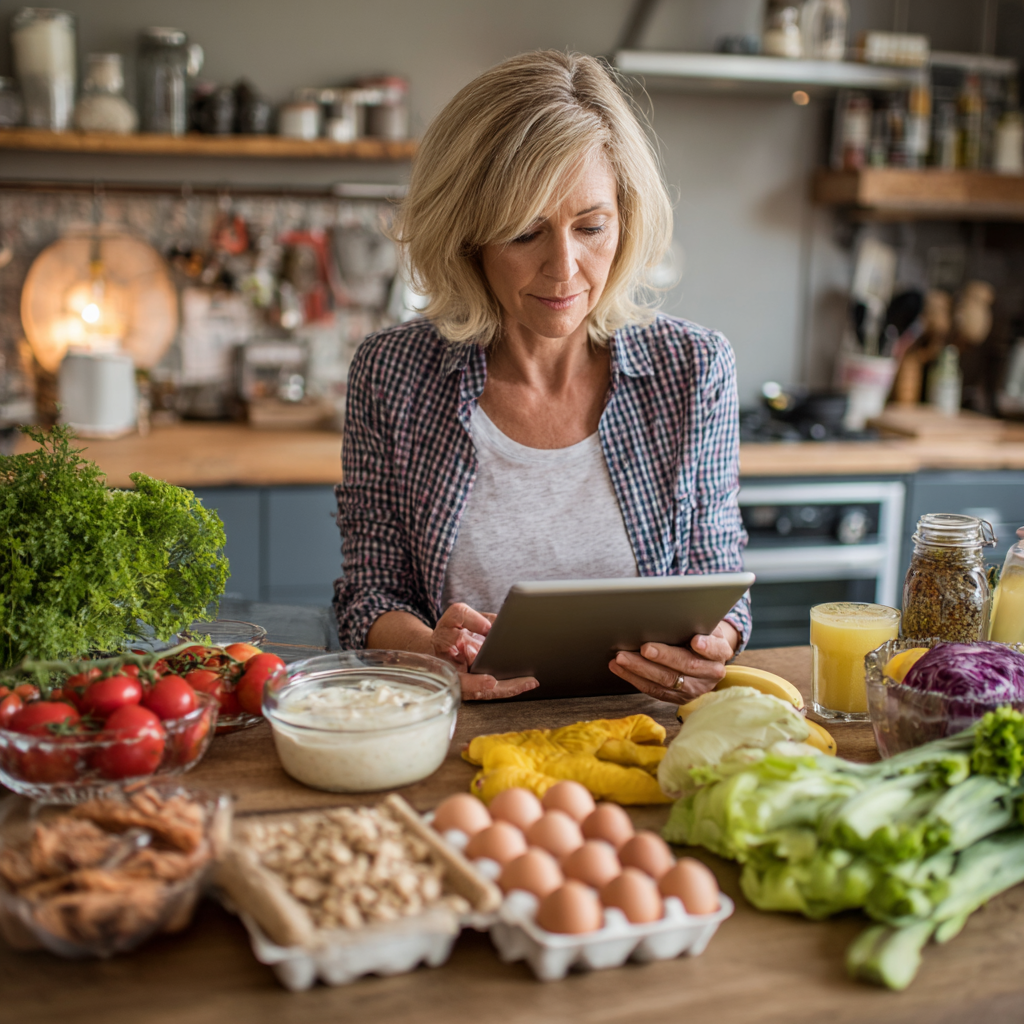 Жінка 52 роки дивиться на планшет із планом харчування, на кухонному столі розкладені інгредієнти для здорової їжі