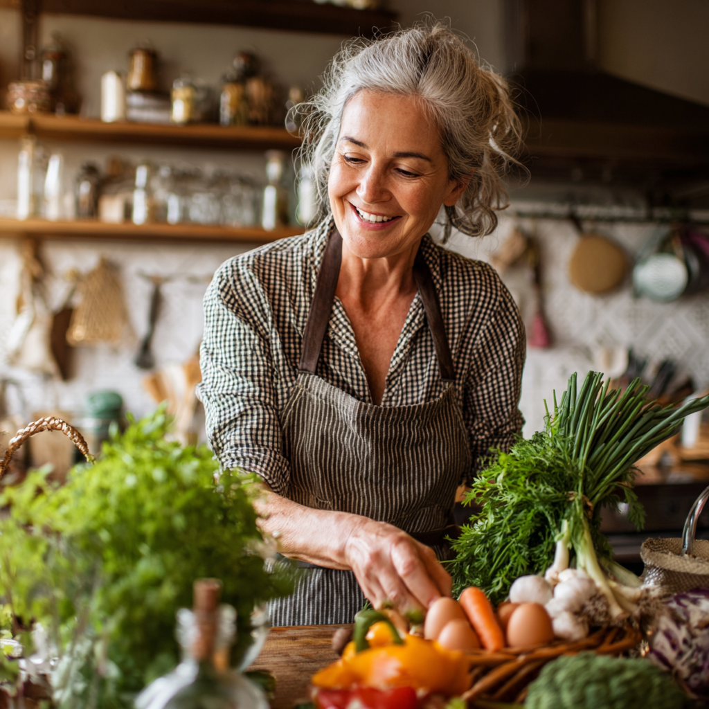 Жінка 55 років із усмішкою готує здорову їжу на кухні, тримає в руках свіжі овочі та зелень