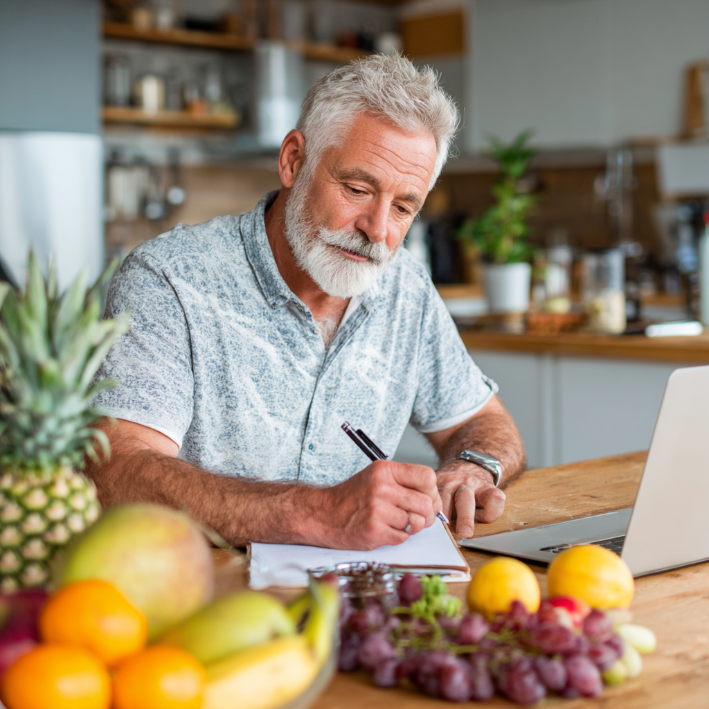 Чоловік 58 років заповнює анкету про харчові цілі за комп'ютером, на столі лежать свіжі фрукти