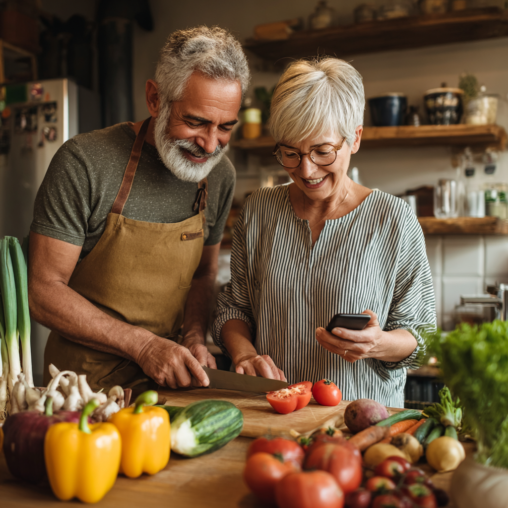 Пара 60 років разом готує здорову їжу, чоловік нарізає овочі, жінка перевіряє план харчування на телефоні